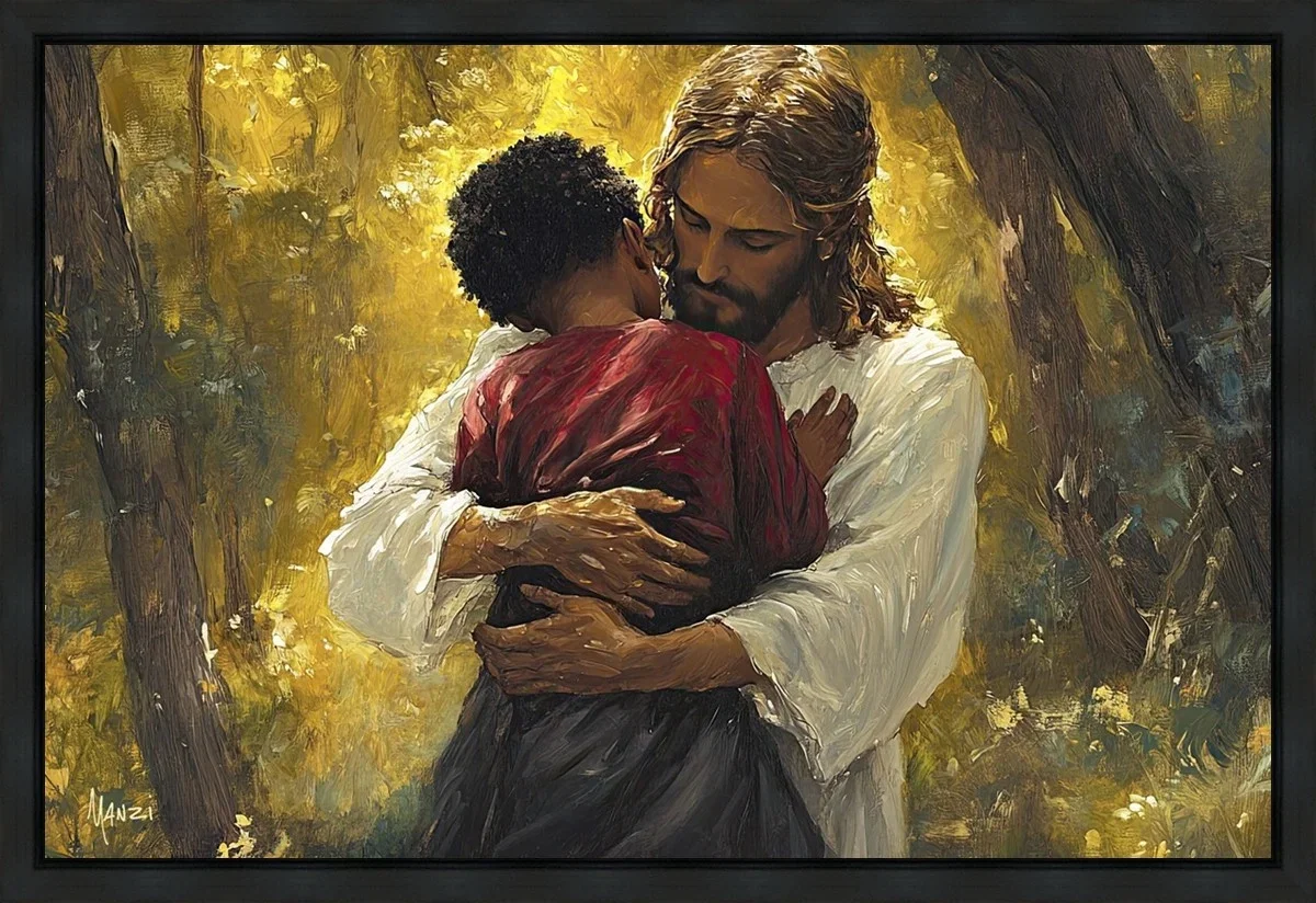 Father to All Children Black Wood Float Frame by Manzi — Gallery Wrapped Giclee On Canvas