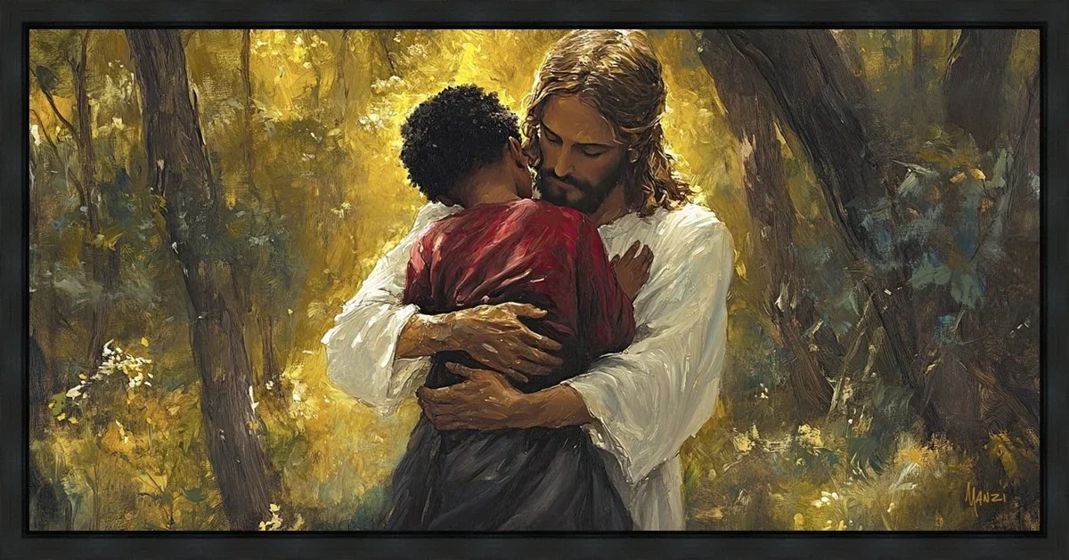 Father to All Children Black Wood Float Frame by Manzi — Gallery Wrapped Giclee On Canvas