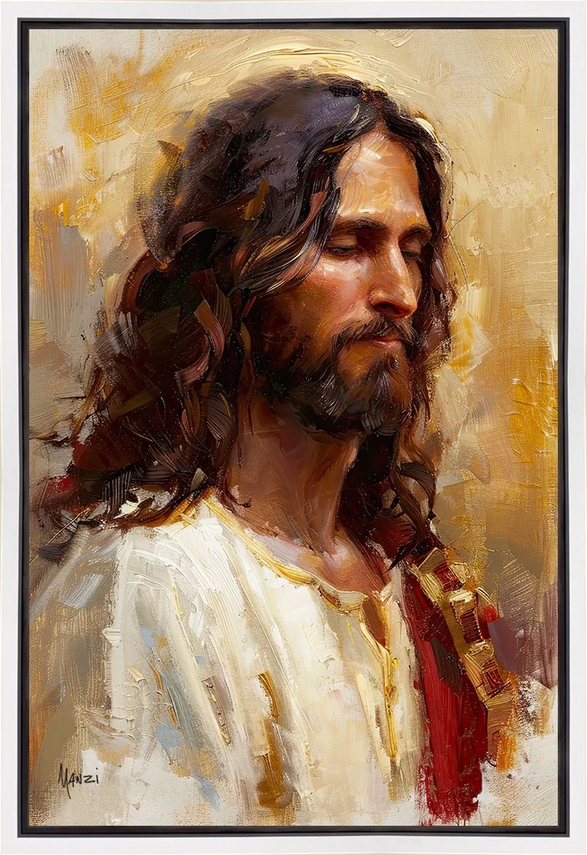Sacred Portrait White Wood Float Frame by Manzi — Gallery Wrapped Giclee On Canvas