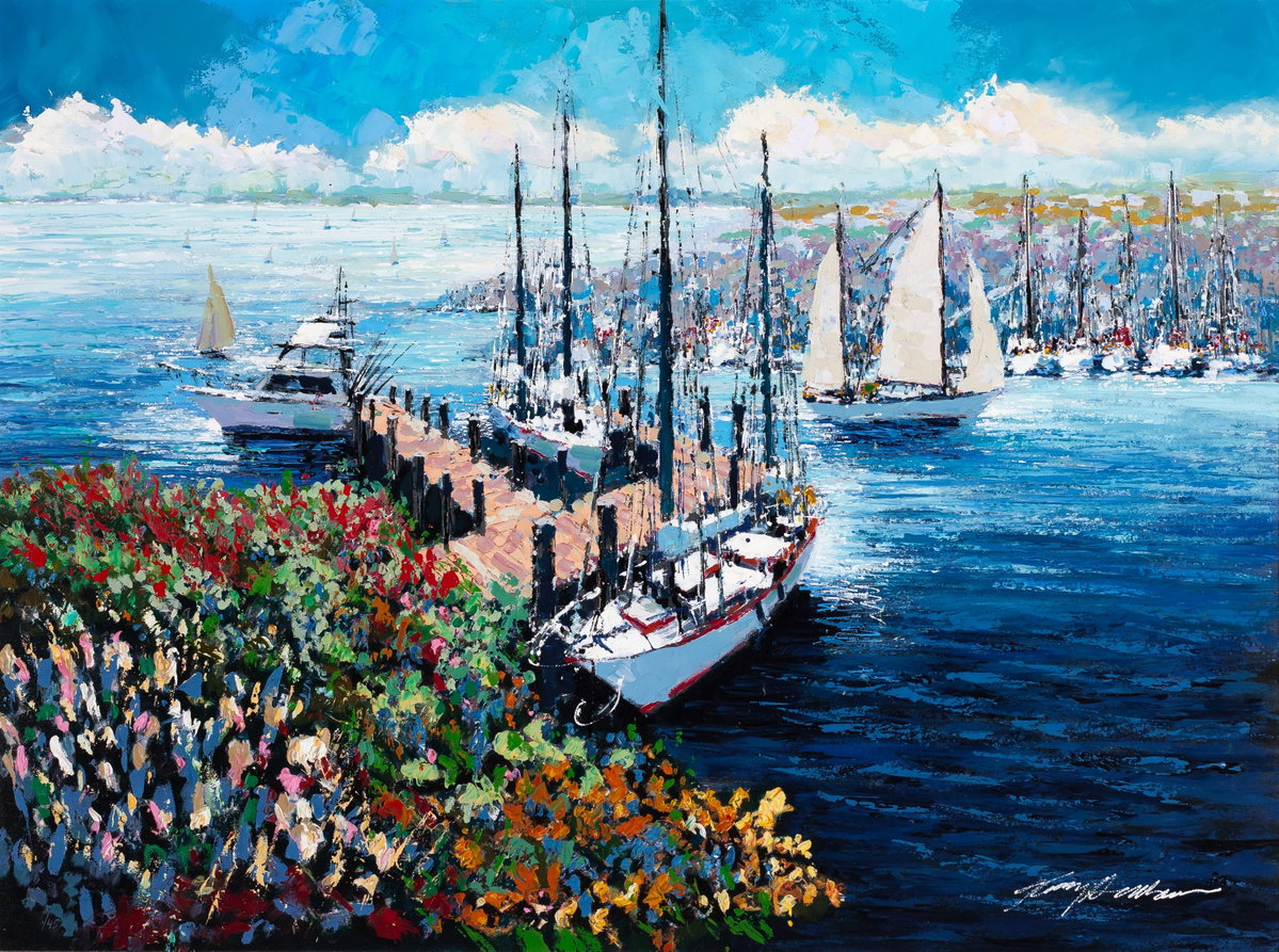 Home Port (New England Harbor), 2003 by Kerry Hallam — hand-signed enhanced serigraph on canvas