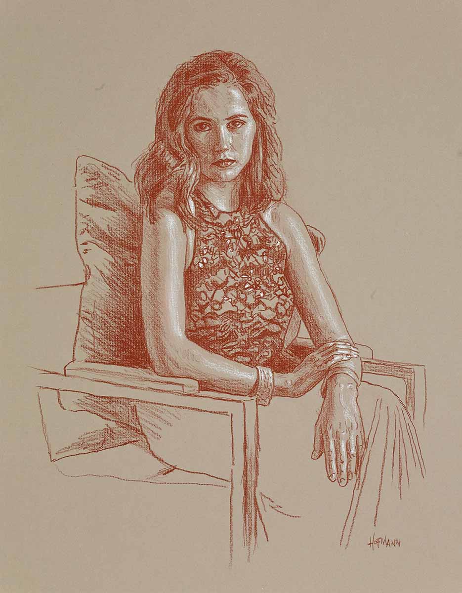 Untitled (Seated Portrait with Pillow), 2016 by Douglas Hofmann — conté on paper