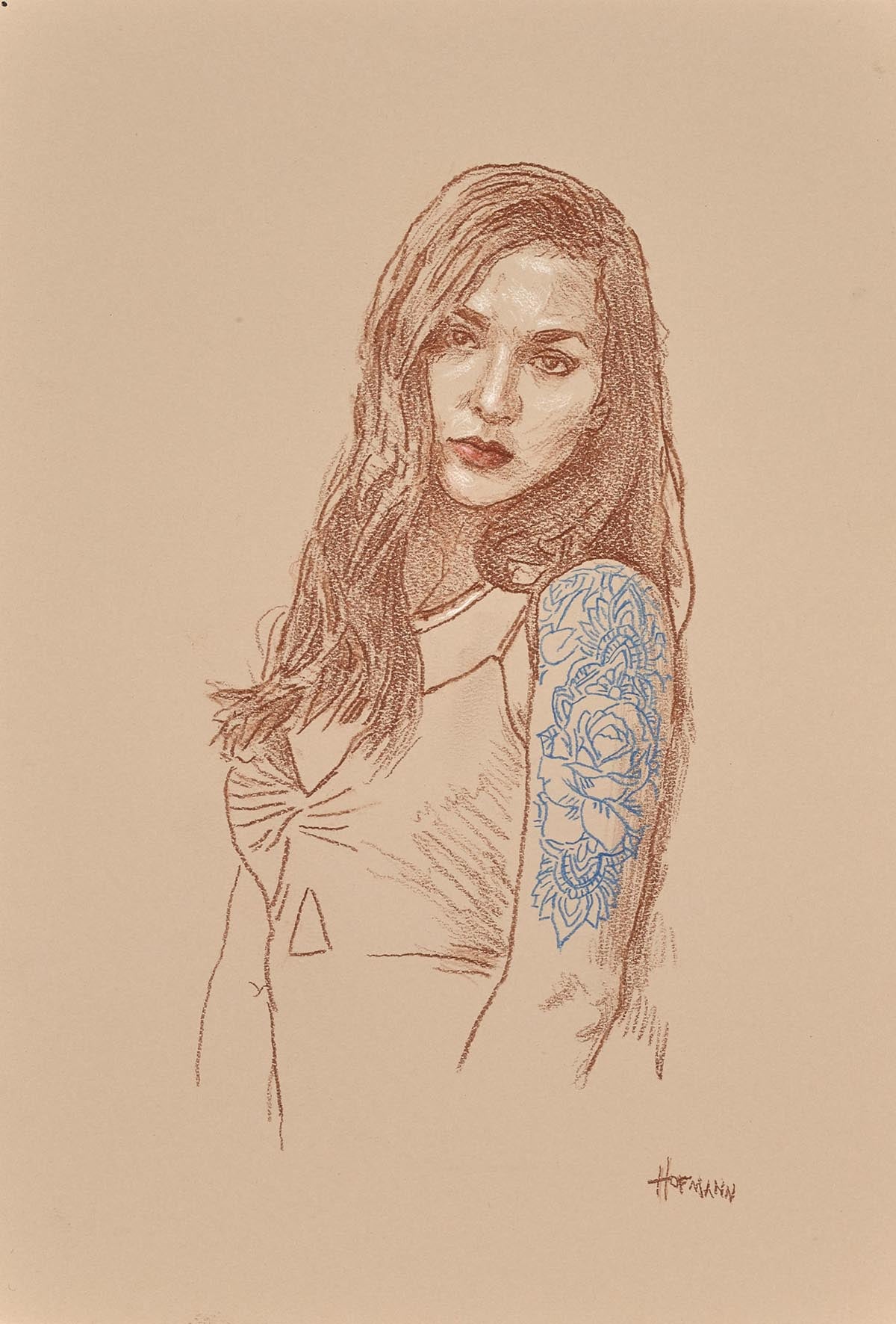 Untitled (Portrait with Tattoo), 2018 by Douglas Hofmann — conté on paper