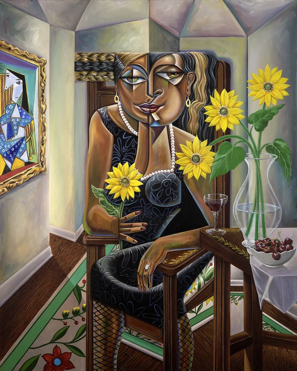The Seated Woman In The Black Dress by Rene Dickerson — Hand-Embellished Giclee on Canvas