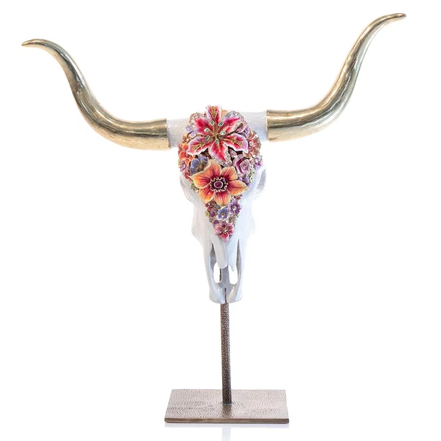 Kayden Cow Skull With Flowers Objet by Jay Strongwater