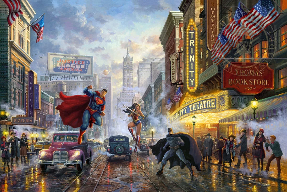 Batman, Superman, and Wonder Woman by Thomas Kinkade DC Comics — Giclee On Paper