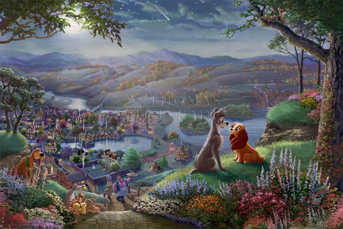 Lady And The Tramp Falling In Love by Thomas Kinkade Disney — Giclee On Canvas