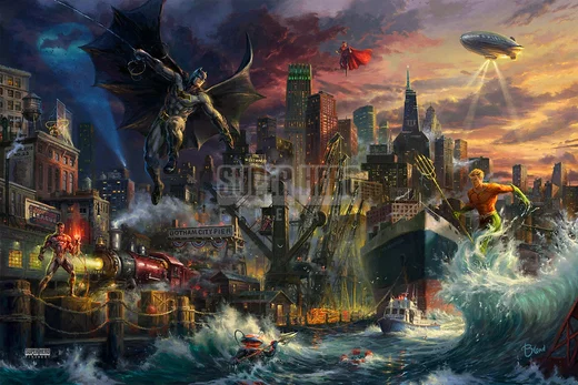 Justice League Showdown At Gotham City Pier by Thomas Kinkade DC Comics