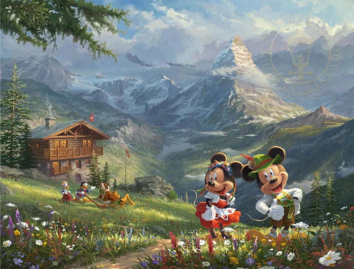 Mickey And Minnie In The Alps by Thomas Kinkade Disney — Giclee On Canvas