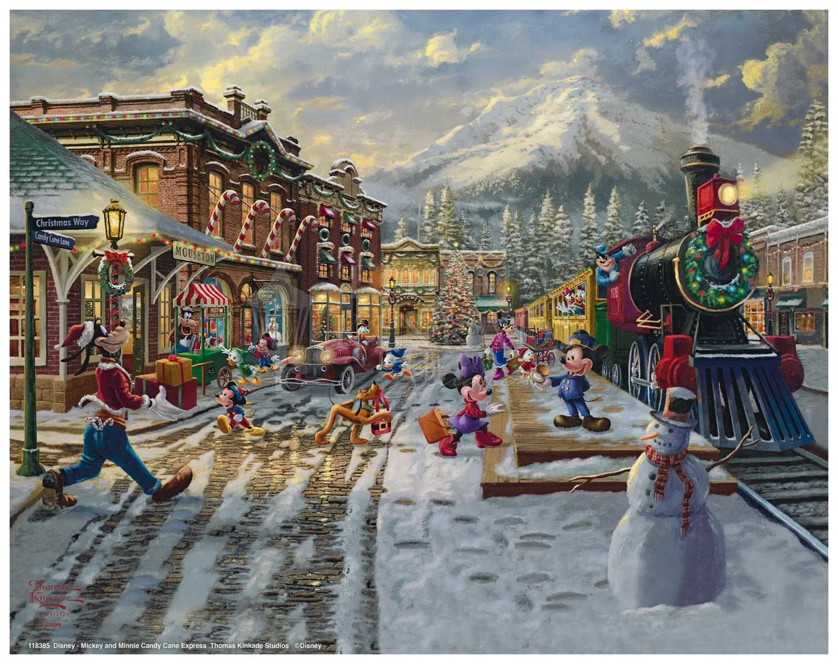 Mickey and Minnie Candy Cane Express by Thomas Kinkade Disney — Giclee On Canvas