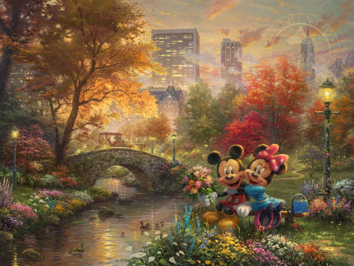 Mickey and Minnie - Sweetheart Central Park by Thomas Kinkade Disney — Giclee On Canvas