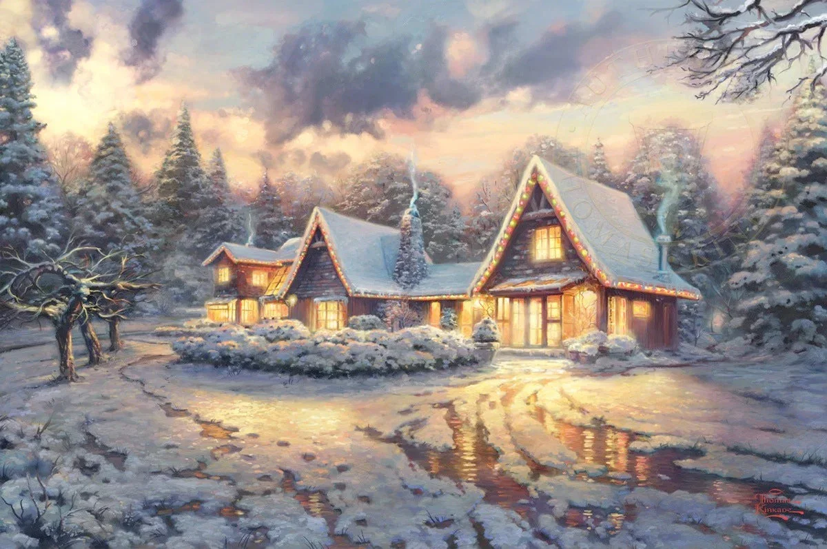 Mickey and Minnie Christmas Lodge by Thomas Kinkade Disney — Giclee On Canvas