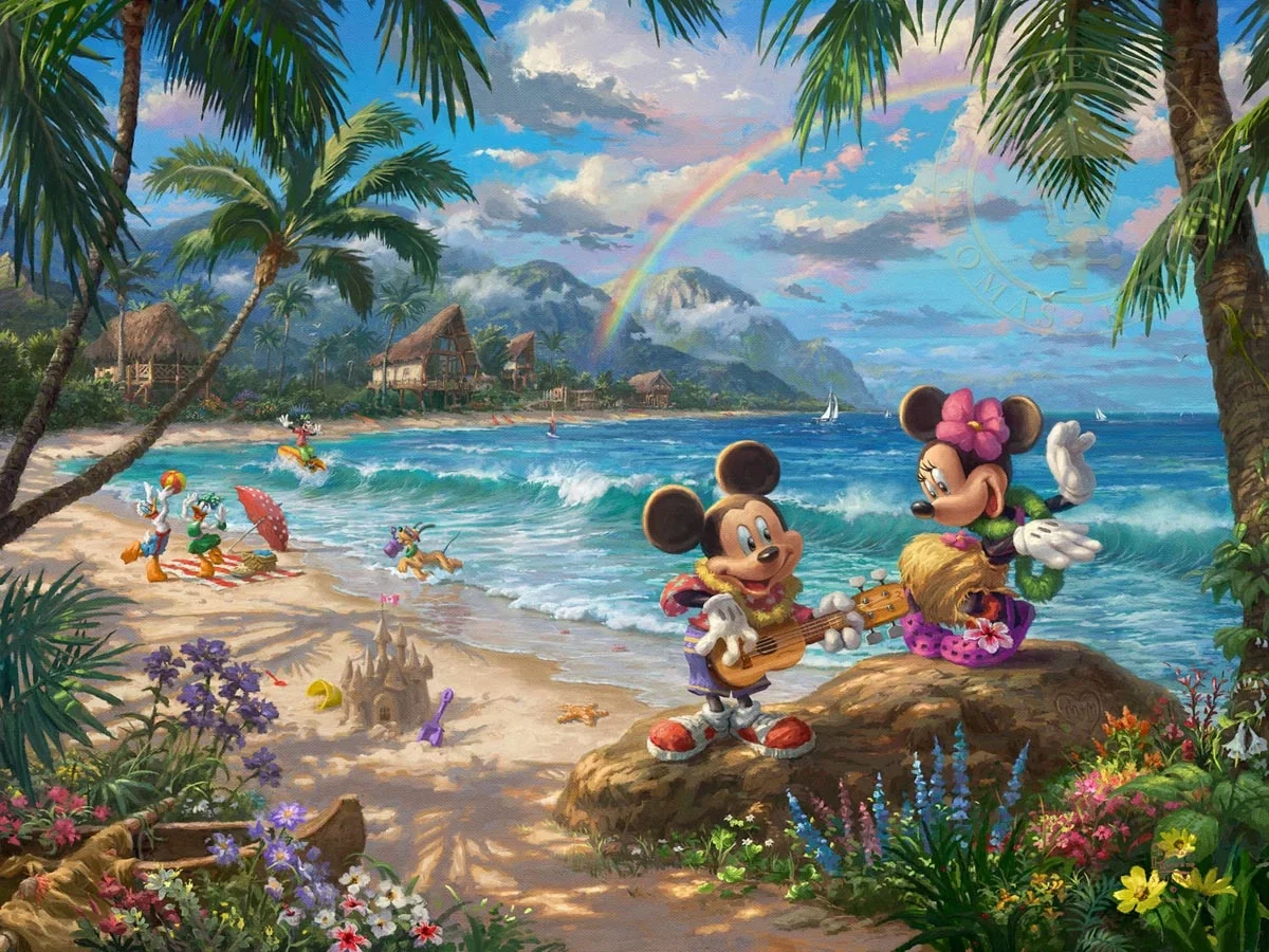 Mickey And Minnie in Hawaii by Thomas Kinkade Disney — Giclee On Canvas