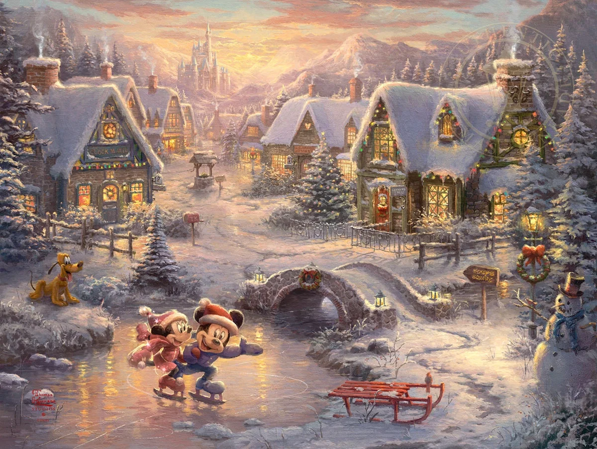 Mickey and Minnie - Sweetheart Holiday by Thomas Kinkade Disney — Giclee On Canvas