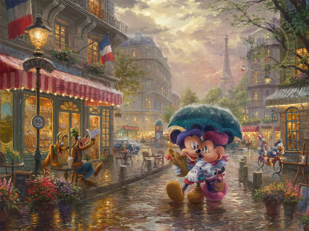 Mickey And Minnie In Paris by Thomas Kinkade Disney — Giclee On Canvas