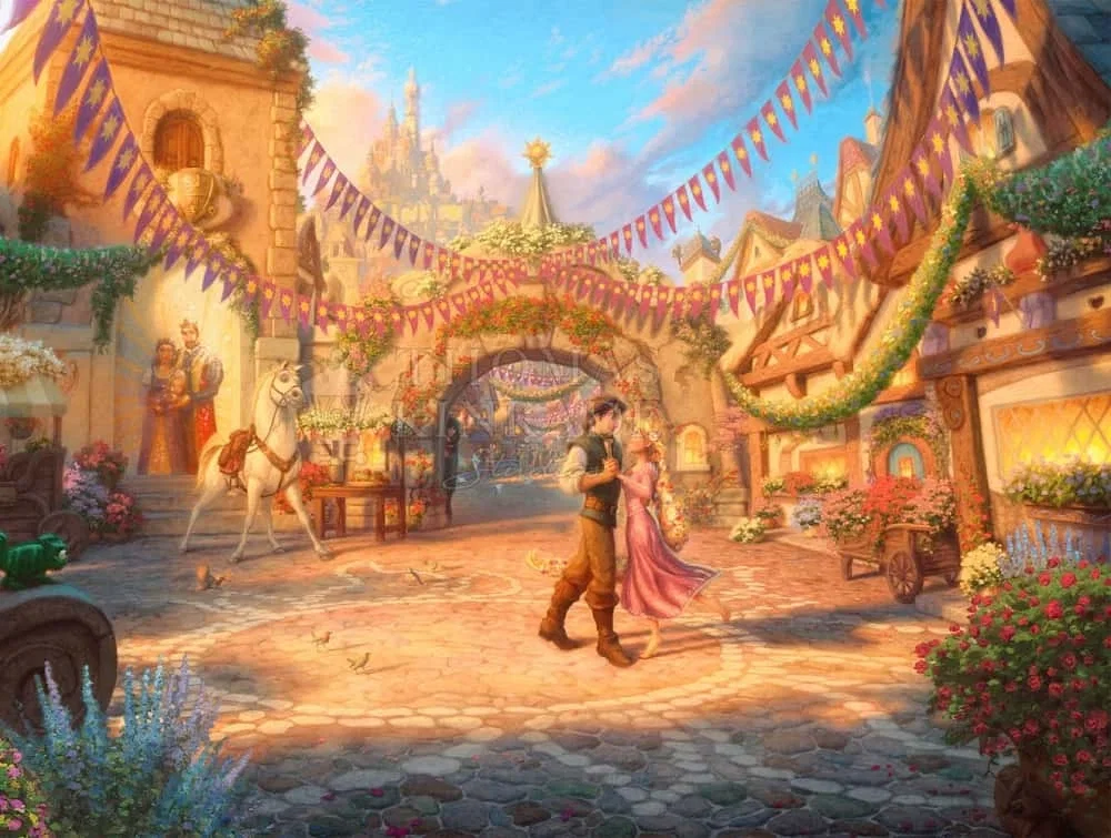 Rapunzel - Dancing in the Sunlit Courtyard by Thomas Kinkade Disney — Giclee On Canvas