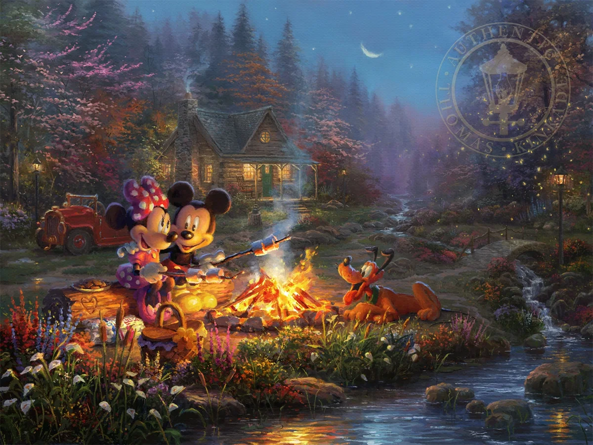 Mickey and Minnie - Sweetheart Campfire by Thomas Kinkade Disney — Giclee On Canvas