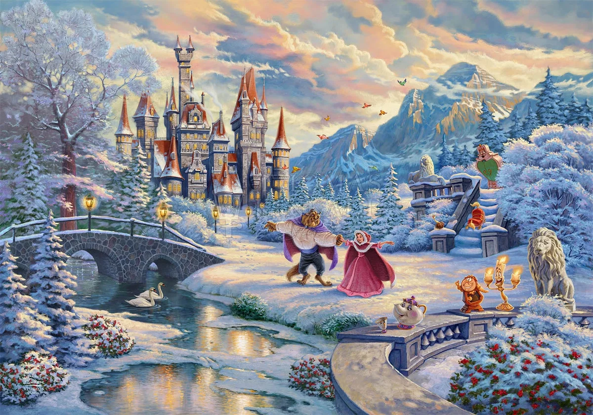 Beauty And The Beast's Winter Enchantment by Thomas Kinkade Disney — Giclee On Canvas