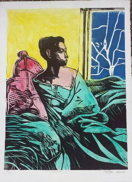 Contemplation Hand colod woodcut Artist Signed by William Tolliver